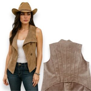 BCBGMAXAZRIA Brown Faux Suede Vest Western Minimalist Cowboy Southern Biker S